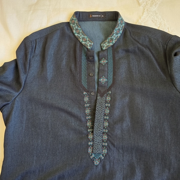 Men's Turquoise/Dark Blue Junaid Jamshed Kurta with Embroidered Collar- Small - Picture 11 of 13